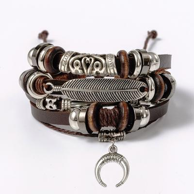 Turquoise Men's Woven Leather Wood Bead Bracelet Multilayer Pendant Beaded Women's Bracelet DIY Couple Style