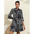 Neva Black White Spotted Print Bubble Satin Stand Collar Flared Sleeve Tie Knot Mini Dress