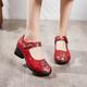 Women's Heels Pumps Comfort Shoes Party Outdoor Daily Floral Color Block Chunky Heel Round Toe Elegant Vintage Fashion Cowhide Pigskin Magic Tape Black Red