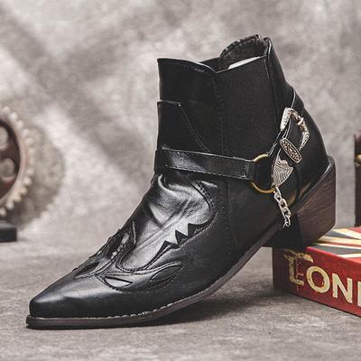 Men's Black Leather Western Motorcycle Boots - Embroidered Design with Metal Buckle and Chain for Biker and Fashion Wear