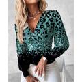 Women's Shirt Blouse Leopard Casual Print Blue Long Sleeve Fashion V Neck Spring Fall