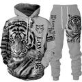 Men's Tracksuit Hoodies Set WhiteDark Gray BlackLight Grey Black Yellow Light Grey Hooded Graphic Tiger 2 Piece Print Sports Outdoor Casual Sports 3D Print Streetwear Basic Casual Spring Fall