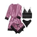 Women's Lace Satin Silk Pajamas Sets 4 Pieces Pure Color Simple Casual Soft Home Daily Bed Satin Breathable V Wire Long Sleeve Shorts Summer Spring Black Pink