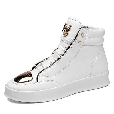 Men's White High-Top Sneakers with Gold Metallic Accents and Zipper Detailing - Luxury Streetwear Fashion Shoes