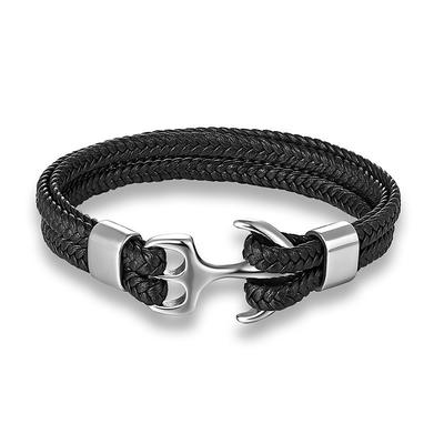 bracelet for men, sturdy cowhide leather bracelet, multilayer vintage anchor bracelet wrap cuff - blue with silver anchor