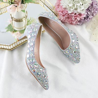 Women's Silver Rhinestone Pointed-Toe Kitten Heels – Elegant Low Heel Bridal Wedding Evening Party