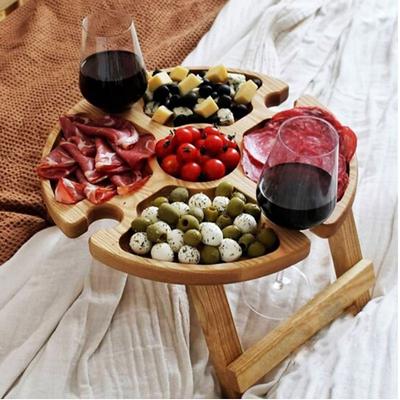 Wooden Folding Picnic Table With Wine Glass Holder Portable Creative 2 In 1 Wine Glass Rack Compartmental Dish For Cheese Fruit For Outdoor