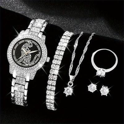 Luxury Rhinestone Quartz Watch Hiphop Fashion Analog Wrist Watch 6pcs Jewelry Set Gift For Women Her