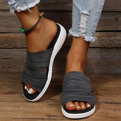 Women's Navy Blue Knit Slip-On Sandals with Comfortable Sole - Casual Open-Toe Slides for Summer