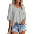 summer v-neck doll sleeve waffle knit loose solid color short sleeve t-shirt top women's