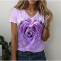 Women's T shirt Tee Heart Rose Floral Weekend Pink Blue Purple Print Long Sleeve Fashion V Neck Regular Fit Spring Fall