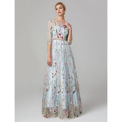 A-Line Evening Gown Party Dress Floral Dress Holiday Wedding Guest Floor Length 3/4 Length Sleeve Illusion Neck Lace with Embroidery 2024