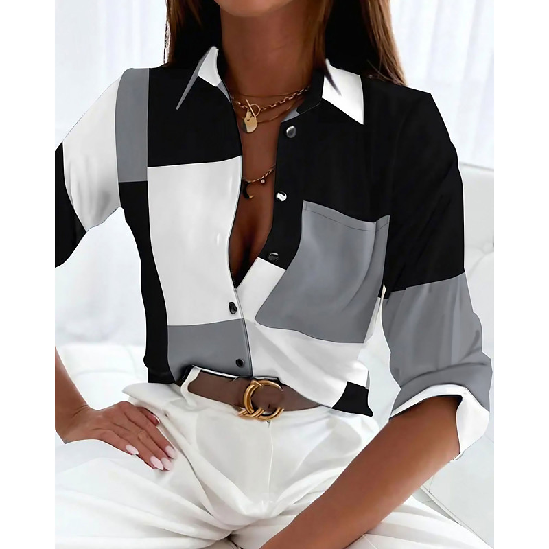 Women's Shirt Long Sleeve Button Down Blouse Basic Color Block Buttons Print Regular Tops Shirt Collar Casual Black Spring Fall