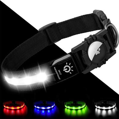 Light Up Dog Collar IPX7 Waterproof LED Flashing for Airtag Pet Collars for Dark Night Walking USB C Rechargeable Glow Nylon Collar with Air Tag Holder for Puppies Small Dogs Black(without Airtag)