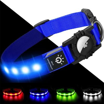 Light Up Dog Collar IPX7 Waterproof LED Flashing for Airtag Pet Collars for Dark Night Walking USB C Rechargeable Glow Nylon Collar with Air Tag Holder for Puppies Small Dogs Black