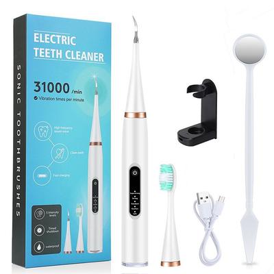 Ultrasonic Electric Dental Calculus Remover Tartar Cleaning Whitening Flosser with Replaceable Toothbrush Heads Waterproof Whitening Teeth Brush Kit Home and Travel