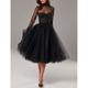 A-Line Cocktail Black Dress Vintage Dress Homecoming Cocktail Party Knee Length Long Sleeve High Neck Wednesday Addams Family Tulle with Pleats Pure Color 2024