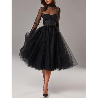 A-Line Cocktail Black Dress Vintage Dress Homecoming Cocktail Party Knee Length Long Sleeve High Neck Wednesday Addams Family Tulle with Pleats Pure Color 2024