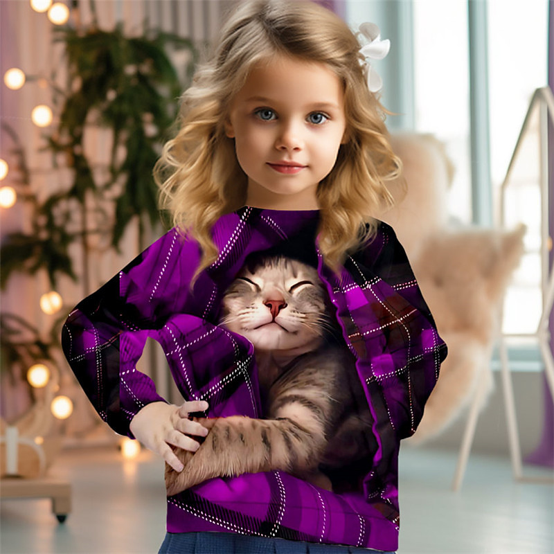 Girls' 3D Plaid Cat Christmas Sweatshirt Sweatshirt Pullover Long Sleeve 3D Print Fall Winter Fashion Streetwear Adorable Kids 3-12 Years 4-13 Years Crew Neck Outdoor Casual Daily Regular Fit