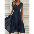 Women's Elegant A-Line Midi Dress V-Neck Lace Short Sleeve Chiffon Flowy Navy Blue Evening Party Wedding Summer