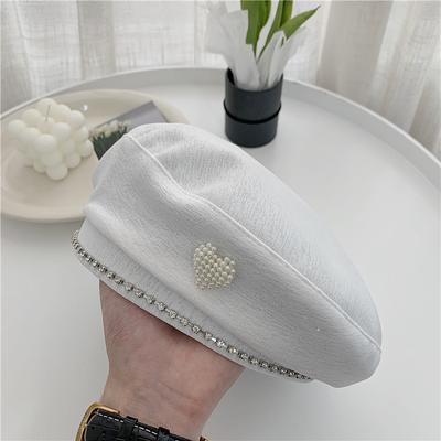 Faux Pearl Heart Decor Beret Elegant Solid Color Beret Hats Classic French Style Painter Cap For Women