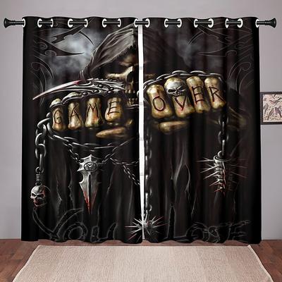 2 Panels Blackout Curtains Skull Printed Thermal Insulated Curtains for Bedroom Living Room Geometric Grommet Window Drapes Curtain Drapes