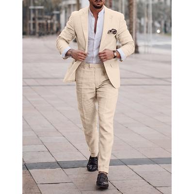 Men's Wedding Linen Linen Suits Dark Khaki Light Khaki Solid Colored Tailored Fit 2 Piece Single Breasted One-button