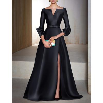 A-Line Evening Gown Elegant Dress Formal Cocktail Party Floor Length Long Sleeve V Neck Wedding Guest Satin 2024