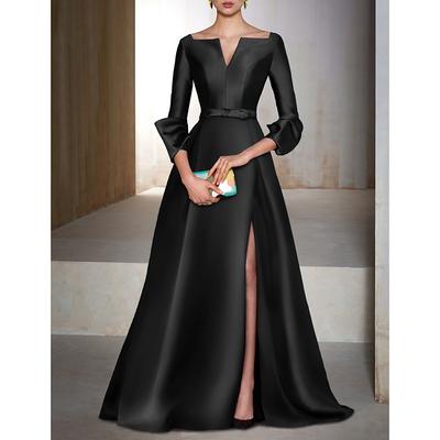 A-Line Chrismas Dress Evening Gown Elegant Wedding Guest Dress Formal Black Tie Cocktail Party Floor Length Long Sleeve V Neck Satin dress to impress 2025