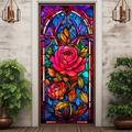 Stained Glass Roses Door Covers Mural Decor Door Tapestry Door Curtain Decoration Backdrop Door Banner Removable for Front Door Indoor Outdoor Home Room Decoration Farmhouse Decor Supplies