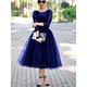 A-Line Cocktail Black Dress Vintage Dress Halloween Ankle Length 3/4 Length Sleeve Jewel Neck Fall Wedding Guest Tulle with Pleats Lace Insert 2024