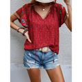 Shirt Blouse Women's Black Red Blue Floral Lace up Print Casual Holiday Fashion V Neck Regular Fit S