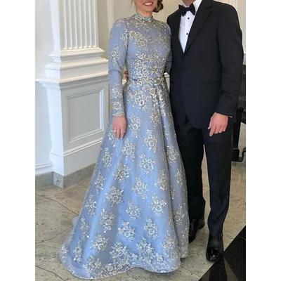 TS A-Line Mother of the Bride Dress Wedding Guest Elegant Party Luxurious High Neck Floor Length Tulle Sequined Glitter Lace Long Sleeve with Lace Sequin 2025