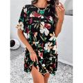 Women's Casual Dress Sundress Floral Graphic Patchwork Print Crew Neck Cap Sleeve Mini Dress Elegant Tropical Party Holiday Short Sleeve Slim Black Pink Green Summer Spring S M L XL