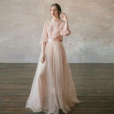 TS Two Piece Prom Dresses Empire Dress Wedding Guest Formal Evening Floor Length Long Sleeve Stand Collar Chiffon with Buttons Tiered 2025