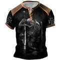 Mens Graphic Shirt Knights Templar Prints Fashion Basic Casual Henley Tee Outdoor Daily Going Blue Brown Gray Short Sleeve Cross Black With Sword And Shield Cotton