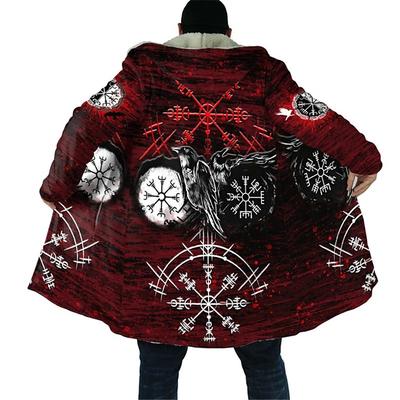 Men's Crow Totem Winter Coat Fleece Jacket Coat Warm Breathable Comfortable Vintage Abstract Sports Outdoor Daily Wear Going out Zipper Pocket Print Fall Winter Hoodie Long Sleeve Wine