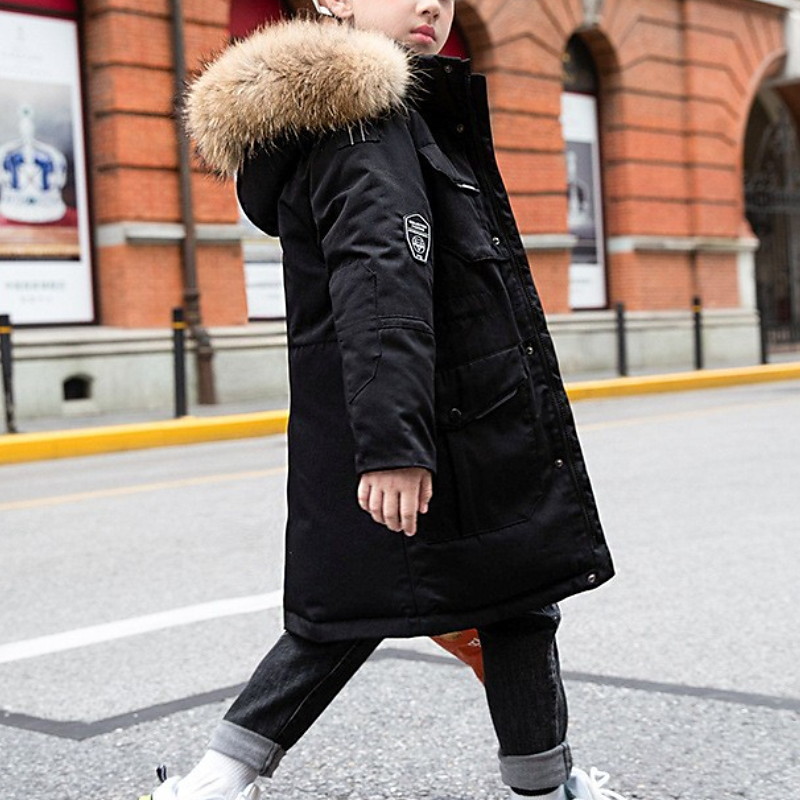 Kids Boys' Down Coat Puffer Jacket Outerwear Kids Puffer Jacket Solid Color Long Sleeve Pocket Buttons Coat Outdoor Cool Daily Black Winter 7-13 Years