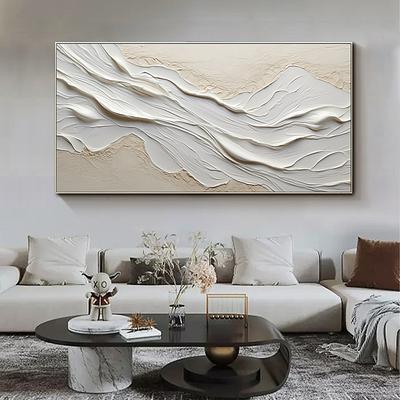 Hand painted Textured White Abstract Sandy Beach Oil Painting on Canvas handmade Original Blue Ocean Painting Custom Art Decor for Living room Wall Decor Wall Art