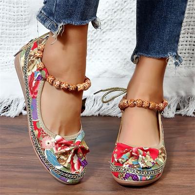 Women's Vintage Floral Embroidered Wedge Shoes – Ethnic Bohemian Style, Comfortable Slip-On Ballet Flats with Bowknot – Casual Festival Footwear