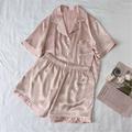 Women's Pajamas Sets Heart Pure Color Fashion Comfort Home Daily Bed Ice Silk Breathable Lapel Short Sleeve Shirt Shorts Button Pocket Summer Spring Lotus Pink Light Green