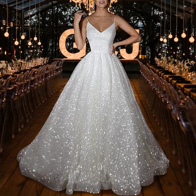 Hall Sparkle Shine Casual Wedding Dresses A-Line Camisole V Neck Spaghetti Strap Sweep / Brush Train Sequined Bridal Gowns With Solid Color 2025