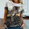 Women's T shirt Tee Black White Light Grey Graphic Cat Print Short Sleeve Casual Daily Cute Vintage Round Neck Regular 3D Cat S