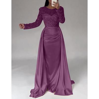Mermaid Sequin Evening Gown Ruched Champagne Satin Dress Long Sleeves Masquerade Floor Length Illusion Neck with Pearls Overskirt dress 2025