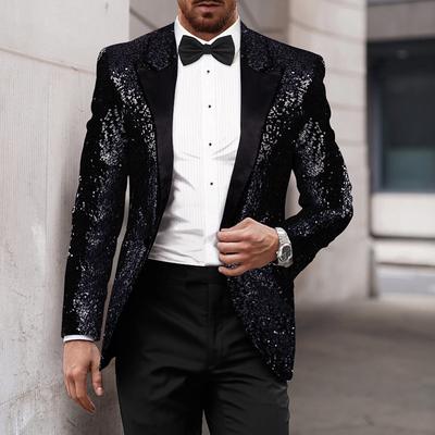 Men's Party Sequin Blazer 70s Disco Retro Casual Jacket Regular Solid Colored Single Breasted One-button Black Gold Silver Red Blue