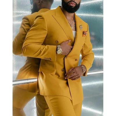 Yellow Men's Prom Suits Wedding Suits Solid Colored 2 Piece Daily Business Plus Size Double Breasted Six-buttons 2024