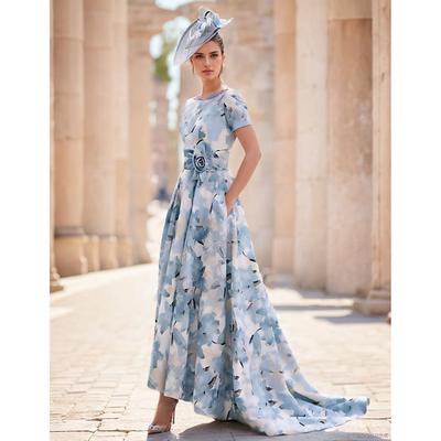 TS A-Line Mother of the Bride Dress Kentucky Elegant Dresses Formal Wedding Guest Elegant Dress Bateau Neck Asymmetrical Ankle Length Chiffon Short Sleeve with Pleats Flower 2025 free custom size