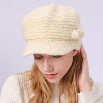 Women's Knit Hat Bow Pom Poms Decor Thermal Winter Hat With Sun Visor For Outdoor