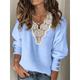 Women's Pullover Sweater Jumper V Neck Ribbed Knit Polyester Lace Trims Fall Winter Daily Going out Weekend Stylish Casual Soft Long Sleeve Solid Color Maillard White Blue S M L