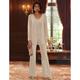 Jumpsuit / Pantsuit 3 Piece Mother of the Bride Dress Formal Wedding Guest Elegant V Neck Floor Length Chiffon Lace Long Sleeve Jacket Dresses with Appliques 2024